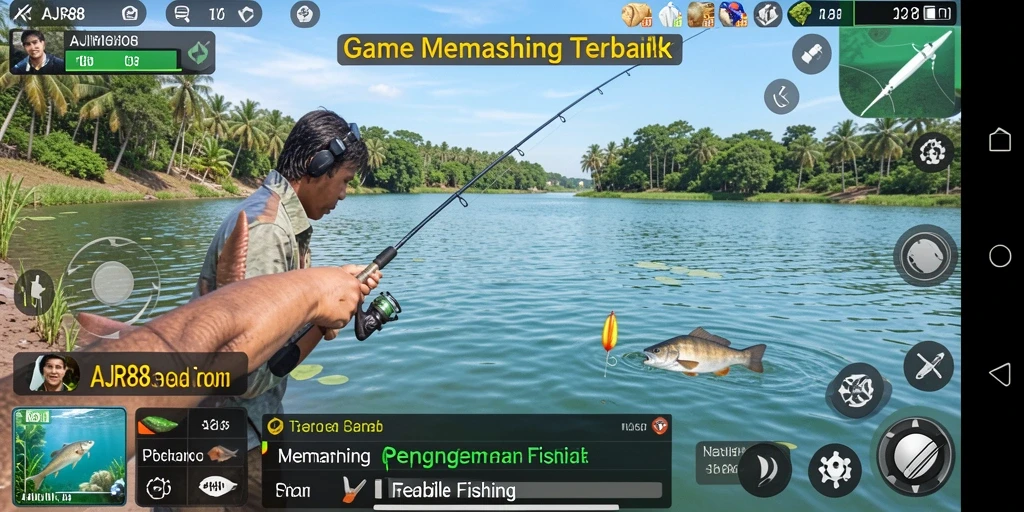 Tampilan gameplay memancing yang realistis dan menenangkan dalam AJR88.