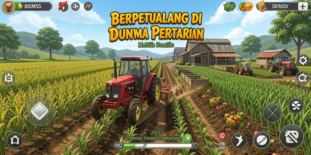 Tampilan gameplay <strong>BIGMSG</strong> dengan aksi bertani yang menarik dan penuh warna.