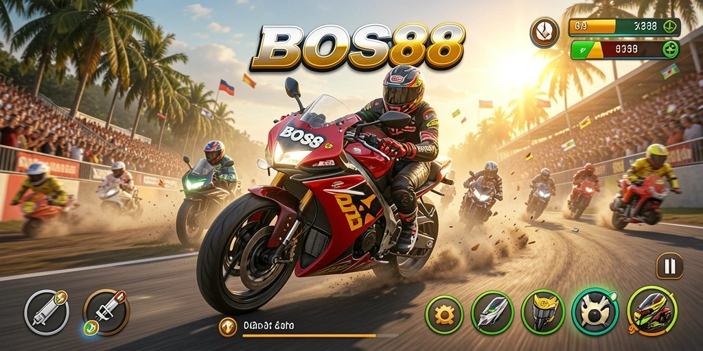 Screenshot game BOS88 menampilkan balapan motor yang penuh aksi.