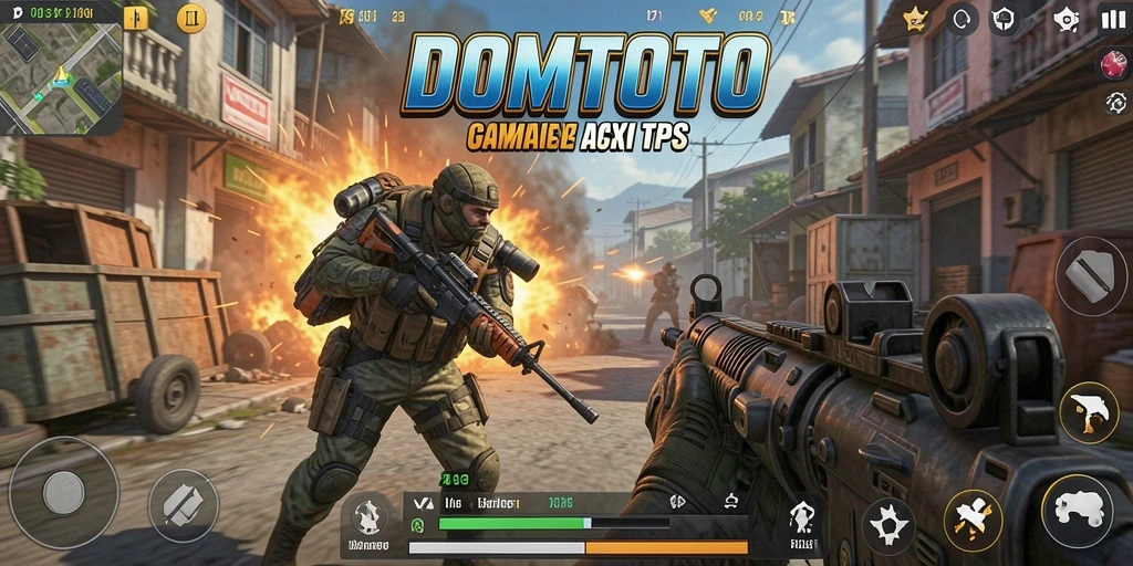 Screenshot gameplay DOMTOTO menampilkan aksi pertempuran TPS yang intens.