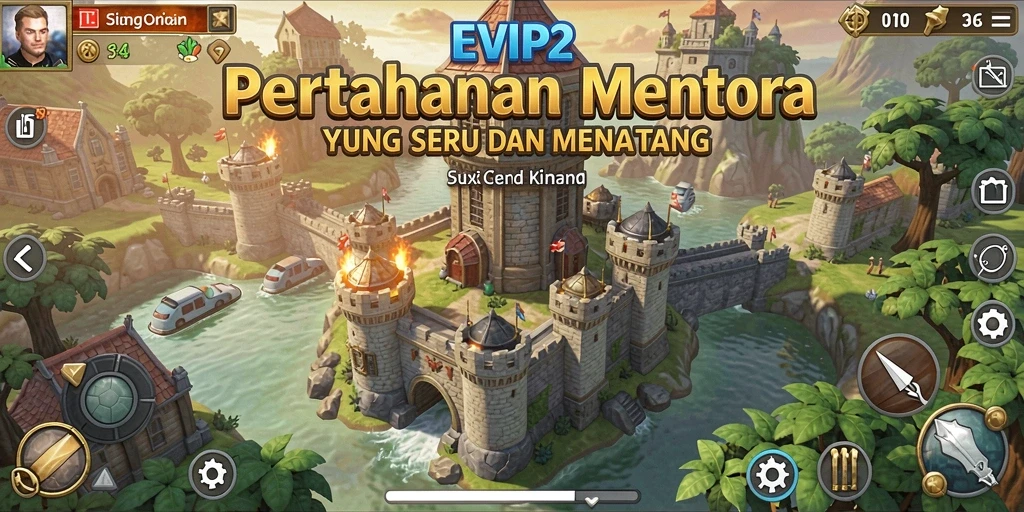 Screenshot menunjukkan aksi menara yang melawan gelombang musuh dalam EVIP2.