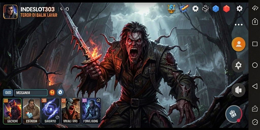 Screenshot gameplay INDESLOT303 menampilkan suasana mencekam dan makhluk menyeramkan.