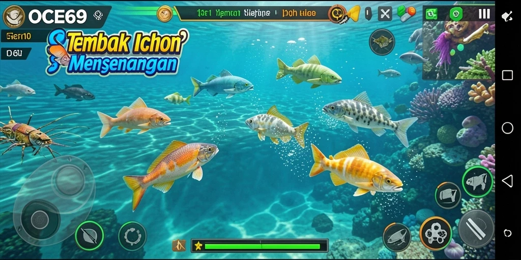 Tampilan gameplay OCE69 yang seru dengan berbagai ikan menunggu untuk ditembak.