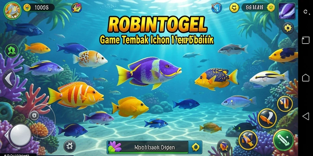 Screenshot gameplay ROBINTOGEL dengan aksi menembak ikan yang menegangkan.
